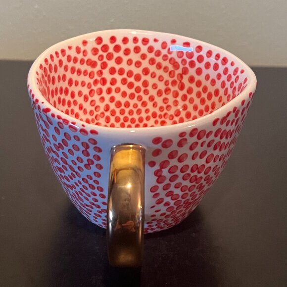 CREATIVE CO-OP Artisan Look Stoneware Mug w/ Red Dots Design & Shiny Gold Handle - Picture 10 of 11